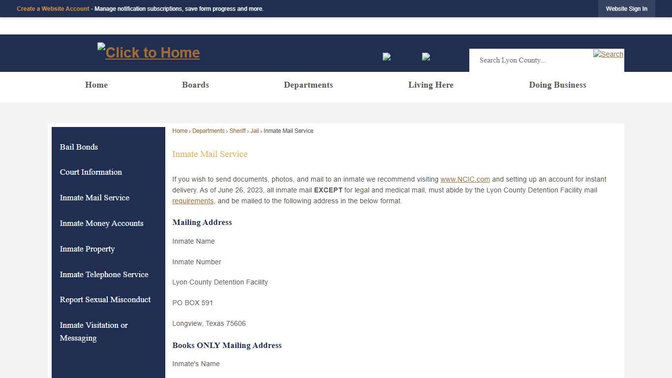 Inmate Mail Service | Lyon County, NV - Official Website